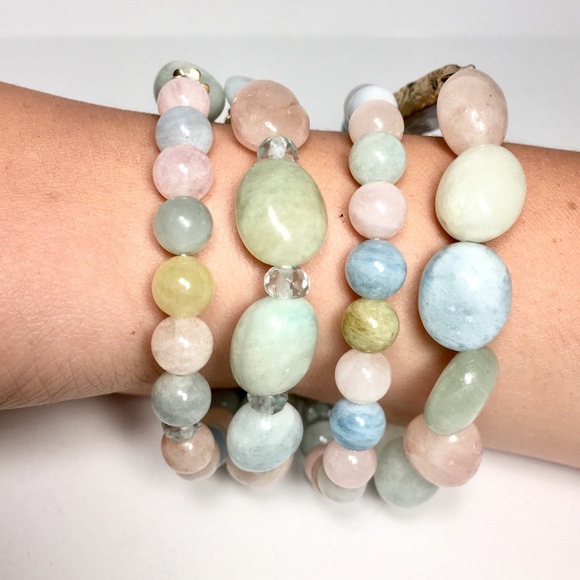 Morganite Aquamarine Stretch Bracelet Stackable - Picture 3 of 3